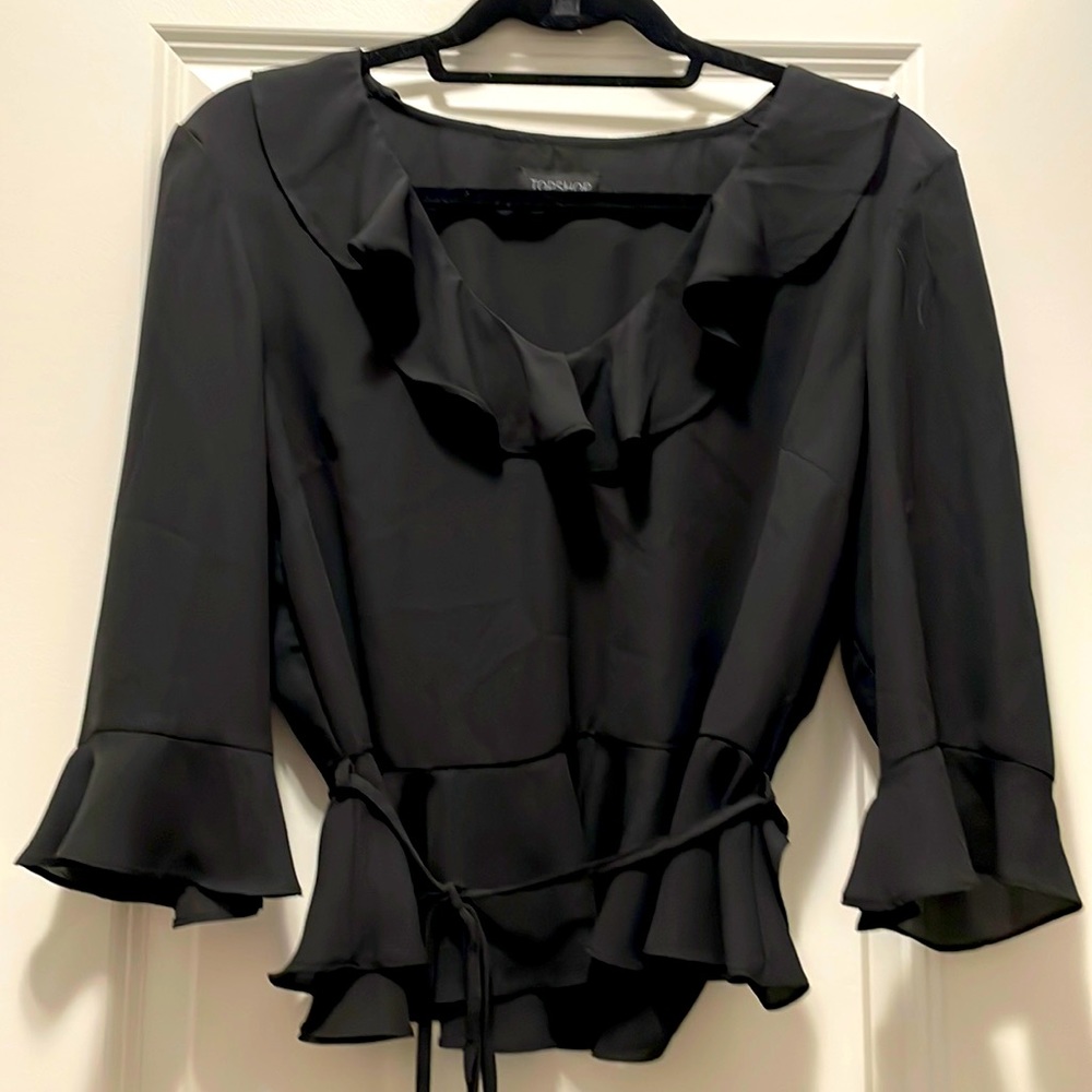 Black 3/4 ruffle sleeve blouse